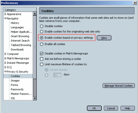 Netscape: Cookies Options